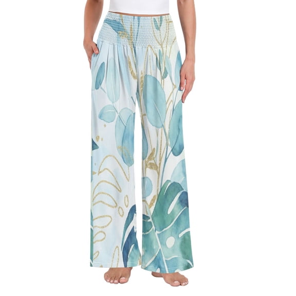 Women's Casual Pants & Capris, Soft Stretch Smocked with Pockets, Cotton-like Modal for Home/Yoga Exercises, Palm Leaf Print,S