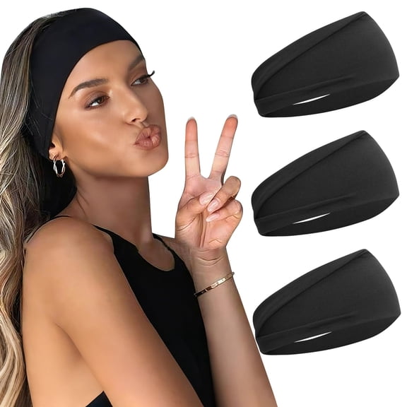 TUWAFE Black Headbands for Women Non Slip 3Pcs Wide Headbands for Women Hair Accessories Securing Hair Elastic Headband for Daily Headbands for Women