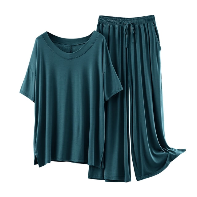 Pyjama en Modal pour Femmes Ensemble de Nuit Deux Pièces Manches Courtes Hauts Pantalons Larges Longs Automne Été Pjs Pyjama Vert, G