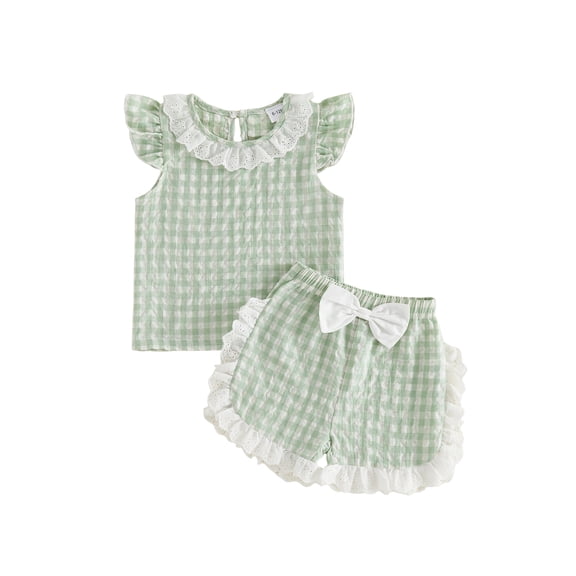 BemeyourBBs Toddler Baby Girl Summer Clothes Cute Infant Baby Girls Plaid Gingham 2 Piece Outfits Flying Sleeve Lace Collar Shirt Tops and Shorts Set Toddler Girls Summer Outfit