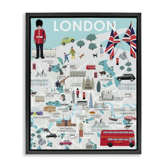 Stupell Industries London Landmark Map Cities & Countries Painting Black Floater Framed Canvas Art Print Wall Art, 17 x 21