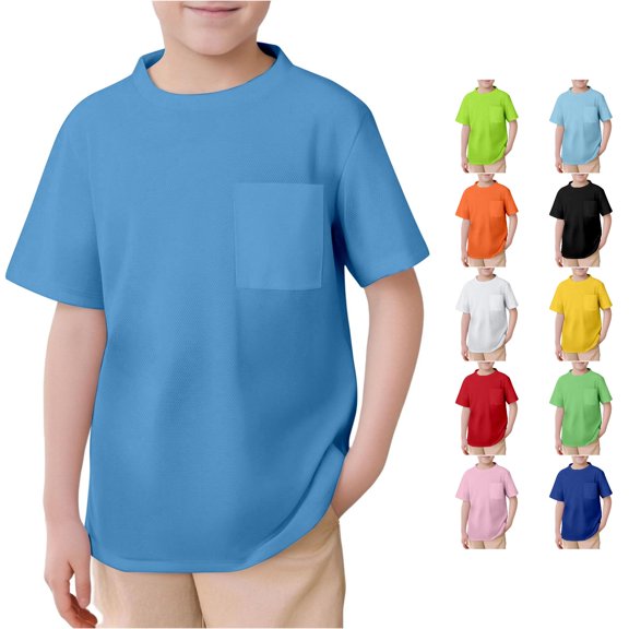 WAYUTE Kids Boys Mesh T Shirts Short Sleeve Summer Tees for Children Crew Neck Solid Color Top with Front Pocket Casual School,Blue,Size 10-11 Y