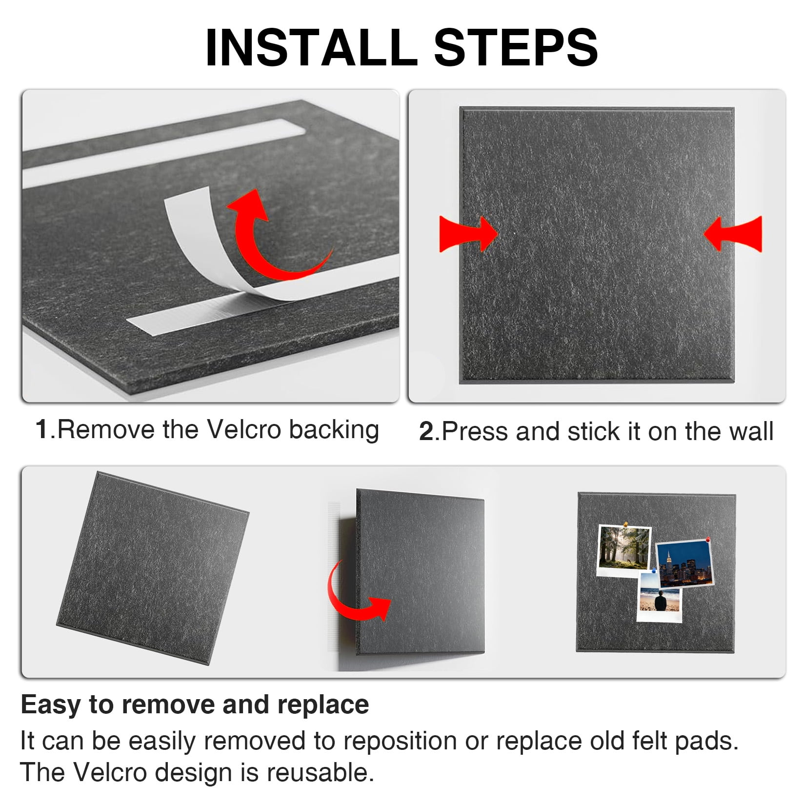 15 Pack Felt Bulletin Board Tiles, 11.8 x 11.8 inch Self-Adhesive Pin Board Panels with 30 Push Pins, Thick 0.35 inch Sound Absorbing Wall Tiles for Office, Home & Classroom, Dark Gray
