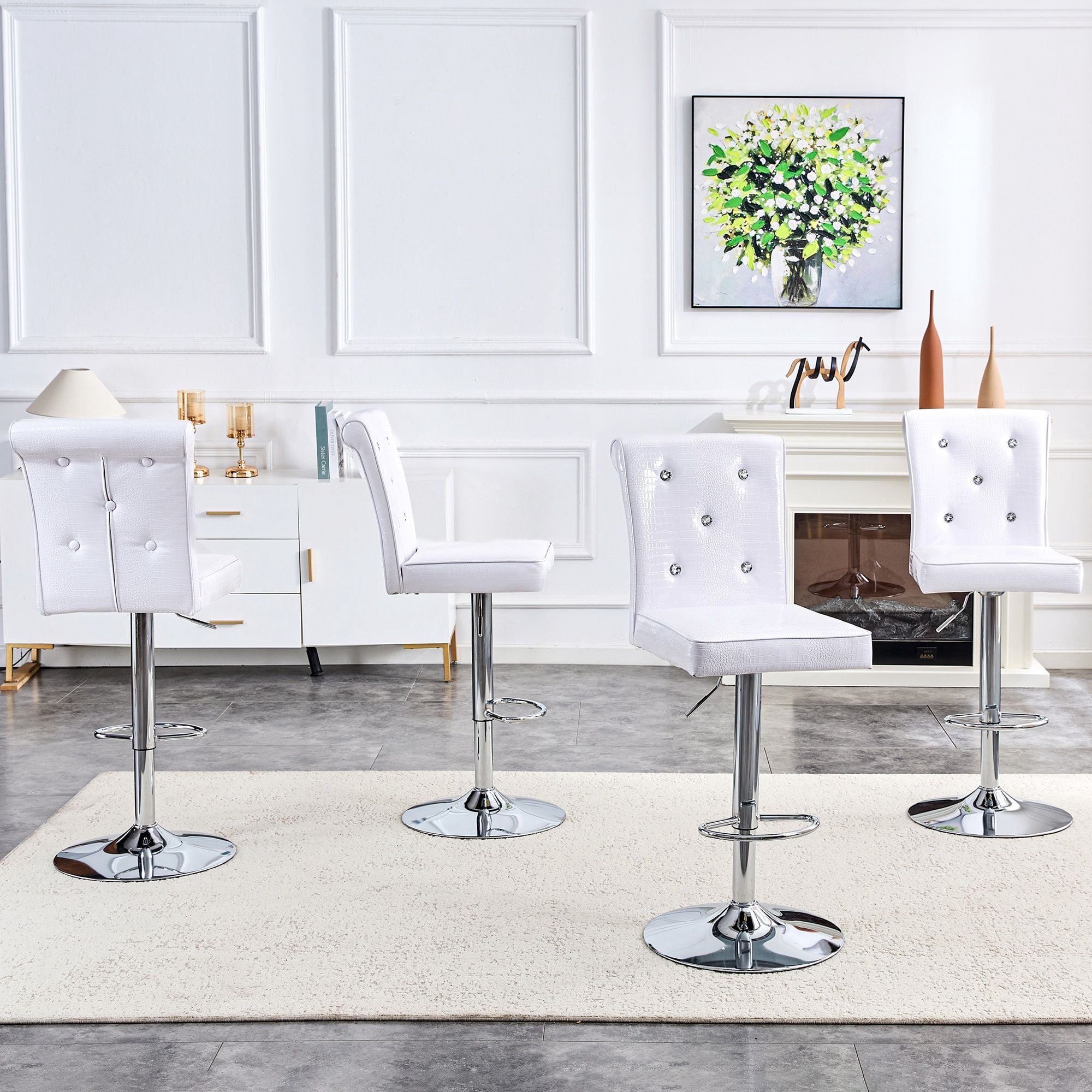 Alvantor Set of 2 White Crocodile Faux Leather Lift Bar Chairs with Crystal Accents
