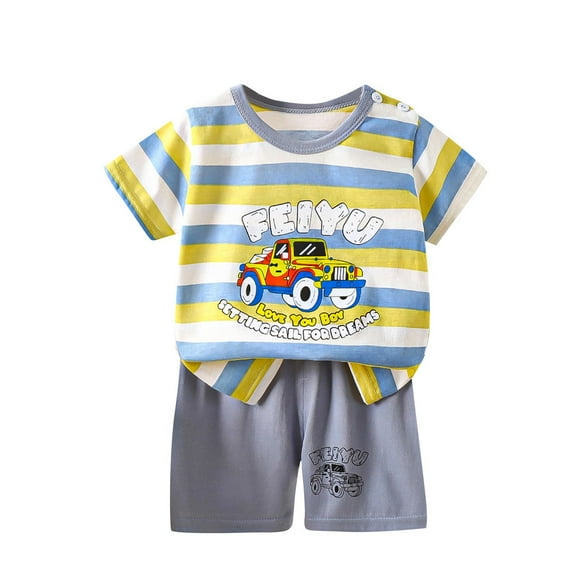 Fesfesfes Boys Summer Clothes 2 Piece Cute Car Print Clothes for Baby Boys Short Sleeve Round Neck T-Shirt and Shorts Set Home Clothes 6Months-6 Years(White#1,9 Months)