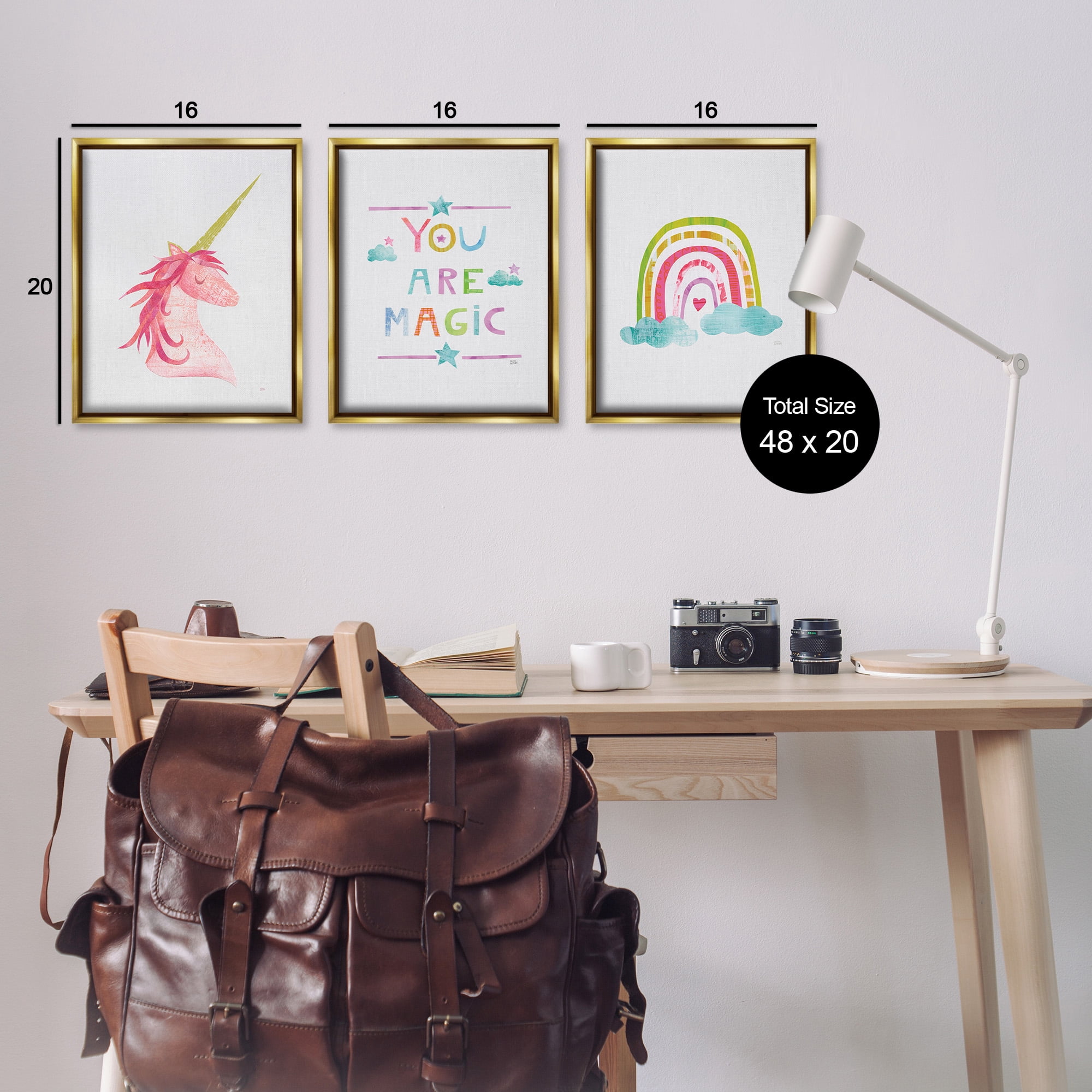 Stupell Industries You Are Magic Rainbow & Unicorn Art for Kids Painting Gold Floater Framed Canvas Art Print Wall Art, 17 x 21, Set of 3