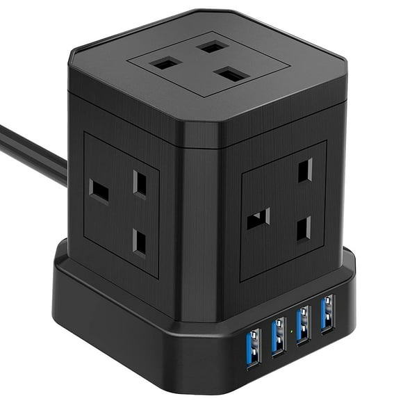Graflsoa Universal Multi-Socket Power Strip with 5 USB Ports, 110-250V, EU/UK/USA/Germany Plug, Black/White, 2500-3500W, Compact Size 92x32x173mm, Gift Box Packaging