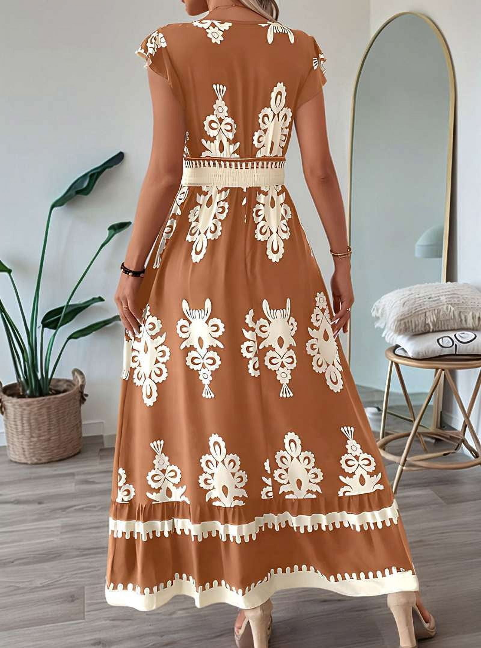 Summer Dresses for Women 2025 Casual Ruffle Sleeves Dress Sundresses Boho Beach Dresses Camel L
