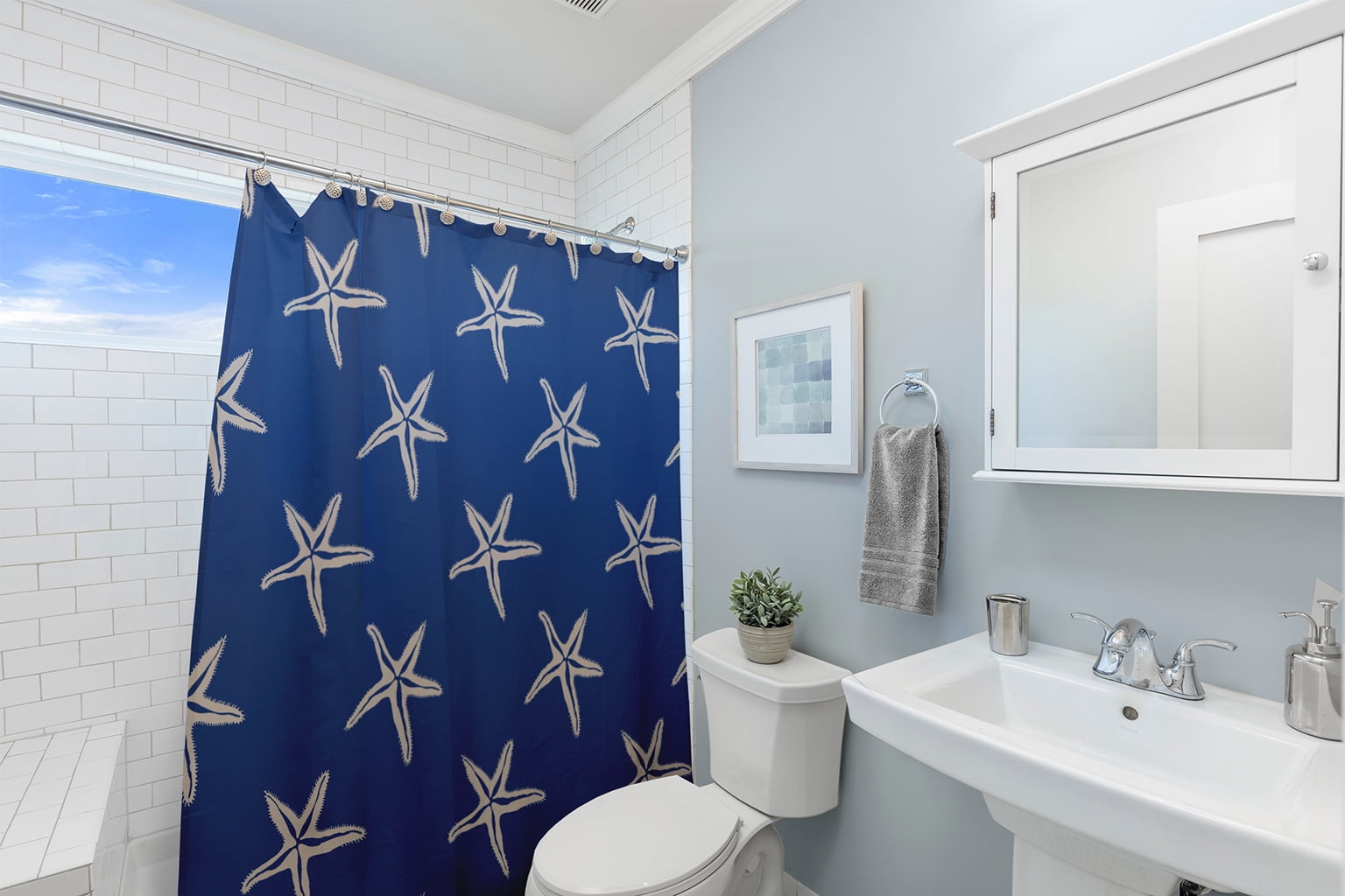 Simply Daisy 70" W x 73" L Starfish Polyester Shower Curtain, Nautical Navy [1 Ct]