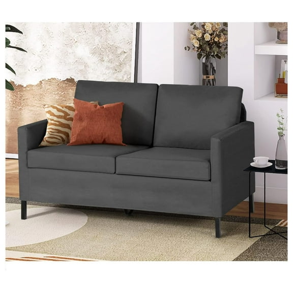 Linen Fabric Modern Small Loveseat Sofa Couch for Living Room, 51" W Little Upholstered 2-Seater Mini Love Seats w/Iron Legs for Small Space, Apartment, Bedroom, Dorm, Office (Dark Grey)