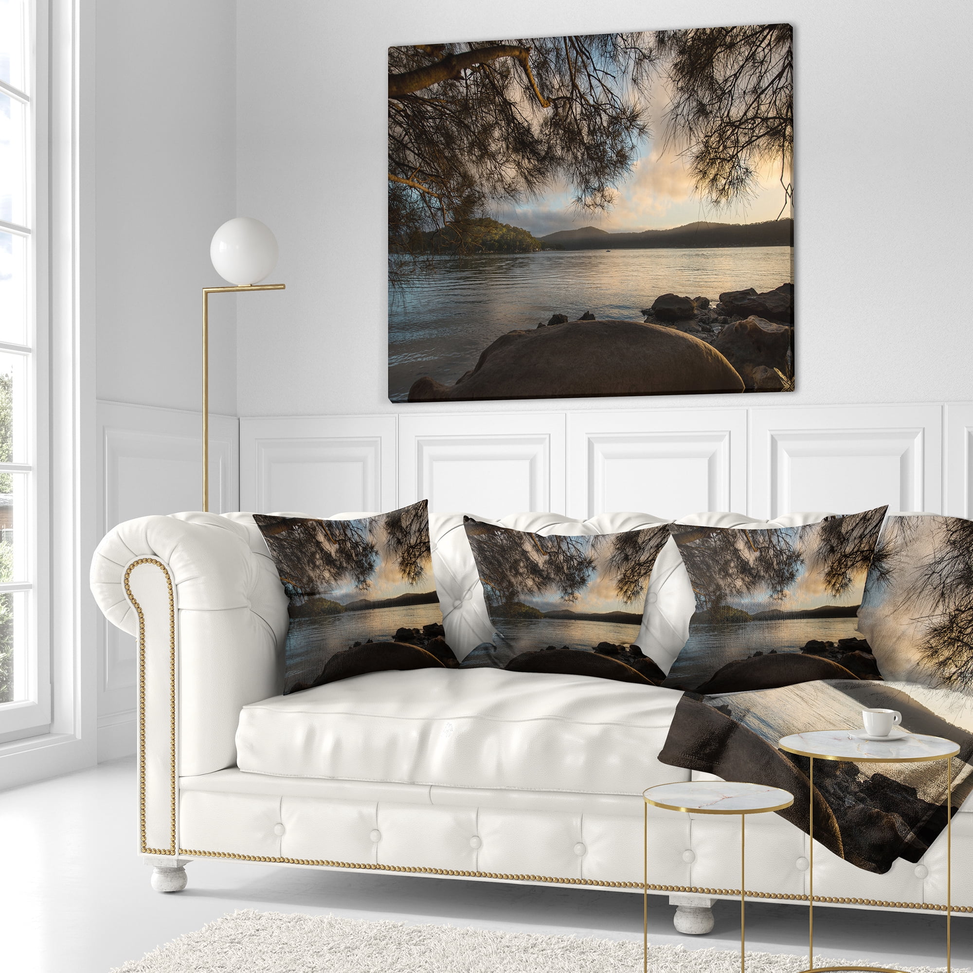 Designart Sunrise from Hawsbury River - Seashore Throw Pillow - 16x16