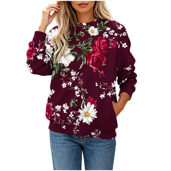 Zysthvn Winter Fall Sweatshirts for Women Casual Floral Plus Size Pullover Womens Sweatshirts Crewneck Long Sleeve with Pockets Tops