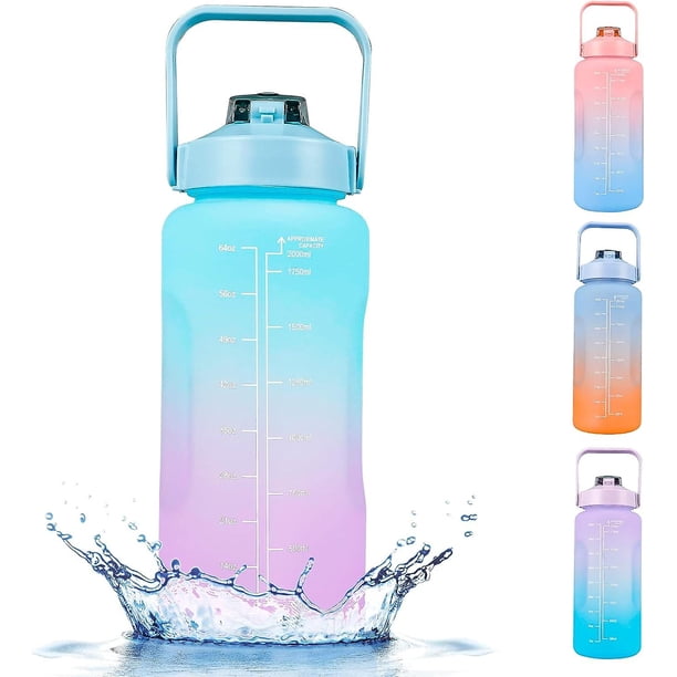 Botella de agua deportiva, botella de agua motivacional de 2 litros con marcadores de tiempo, pajita desmontable, apertura con un clic
