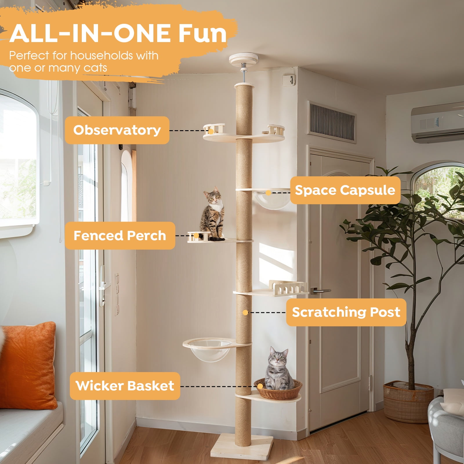 Veehoo Floor to Ceiling Cat Tree Height 106-123 Inch Adjustable with 4.3" Thickened Scratching Posts