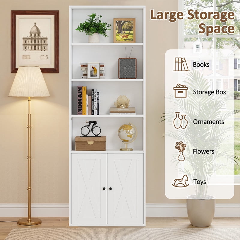 Walsunny Bookcase with Doors, 6-Tier Bookshelf with Storage, Farmhouse Bookshelves with Cabinet, Storage Display Shelf for Living Room Home Office, White