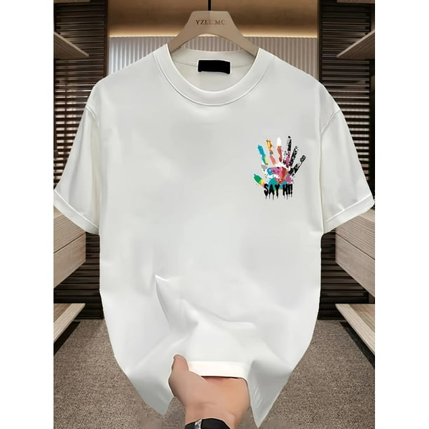 Men's Trendy Cotton Graphic T-Shirt - Casual Loose Fit, Short Sleeve, Colorful Handprint & "SAY HI!" Design, Summer Streetwear, Casual Summer Wear | Graphic Tee | Glossy Texture