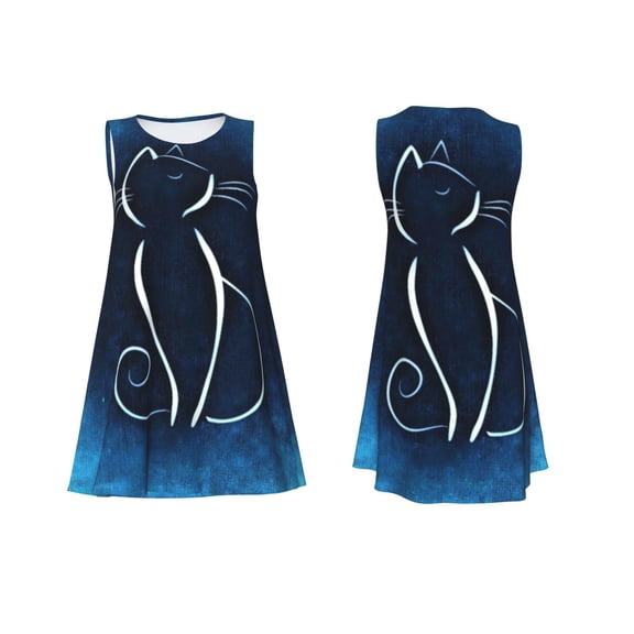 Horeoi Cat Sketch Print Women's Sleeveless Dress Cotton-like Flared Hem Deep Side Pockets Above-Knee