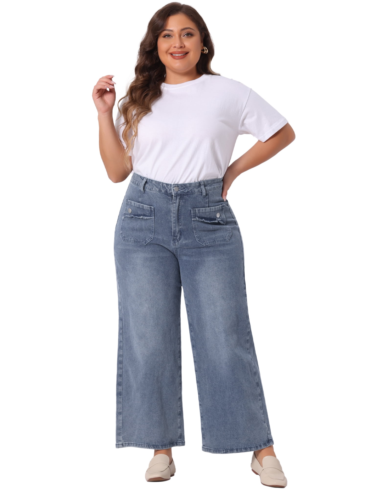 DARING DIVA Women's Plus Wide Leg Stretch Washed Palazzo Pants Jeans 1X Grey Blue