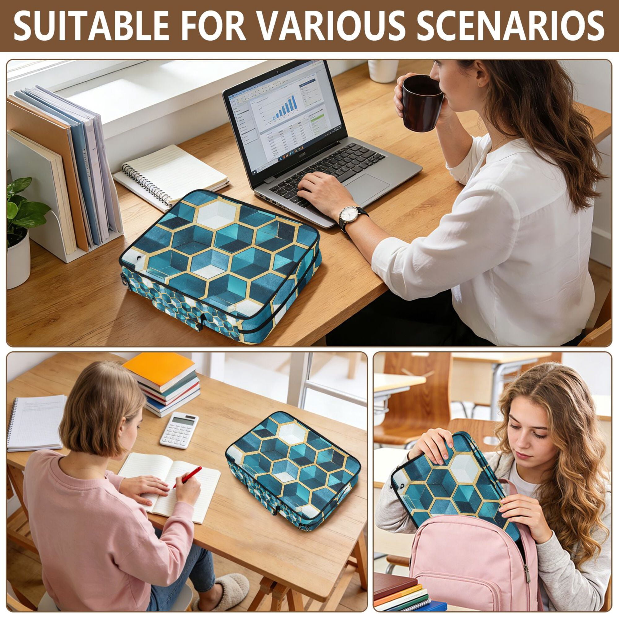 FORMRS Accordion File Folder A4 Size 7-Pocket Expanding Document Organizer Bag with 3 Ring Binder, Light Blue Geometric Pattern
