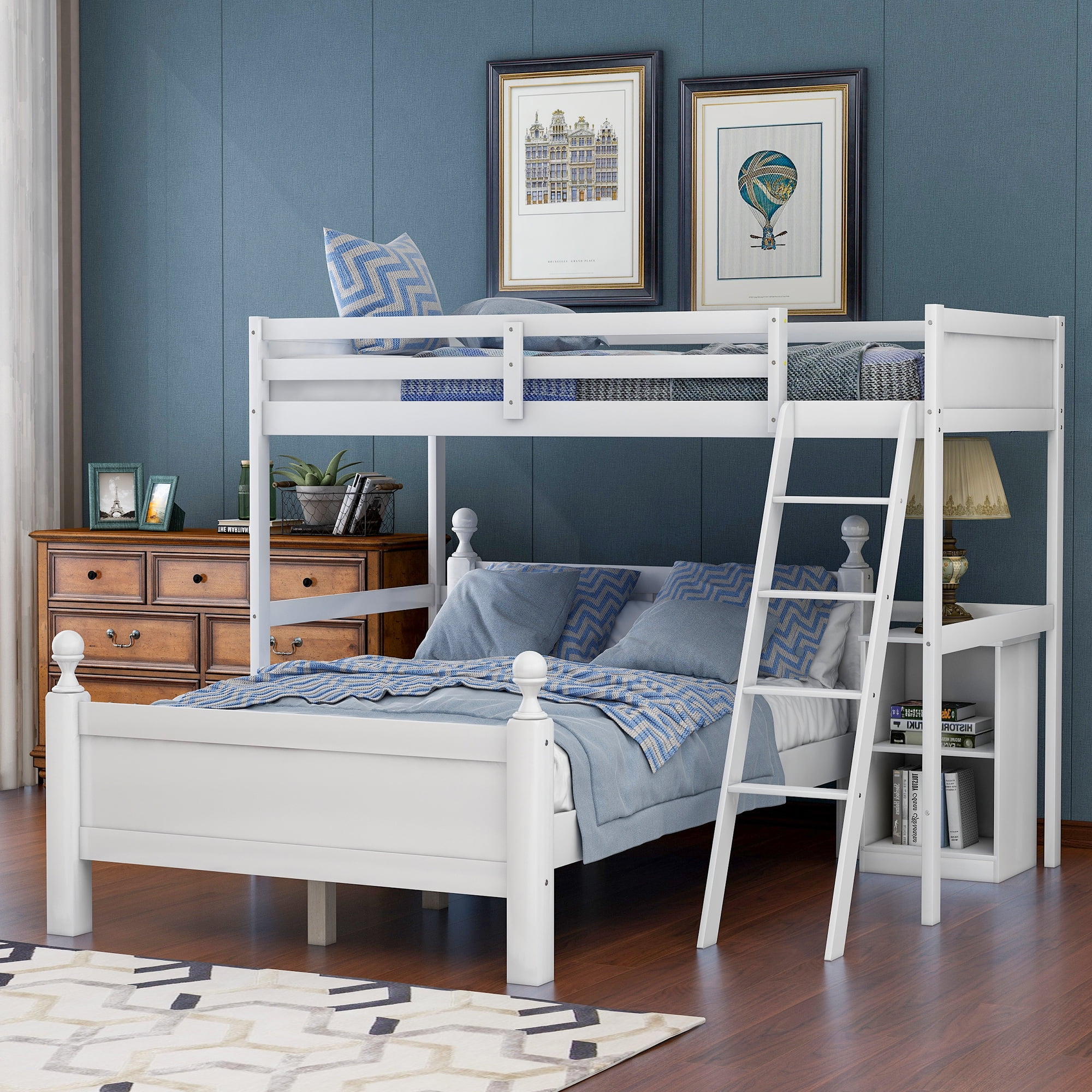 Euroco Wood Bunk Bed, Twin Over Full Loft Bed with Storage White