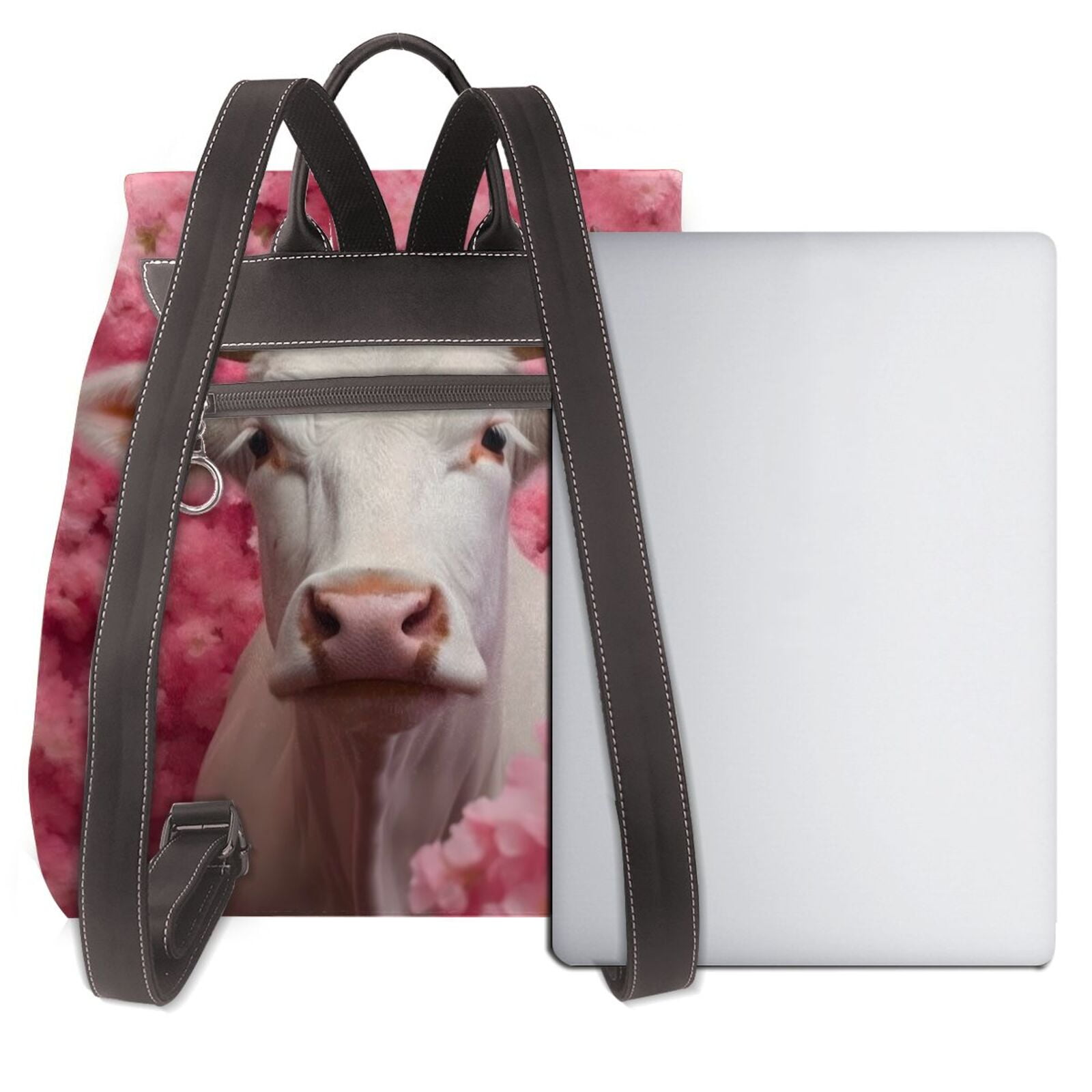 Xecao Flower White Cow Print Large Backpack Soft Leather for Women Travel with Compartment, Adjustable Convertible Strap