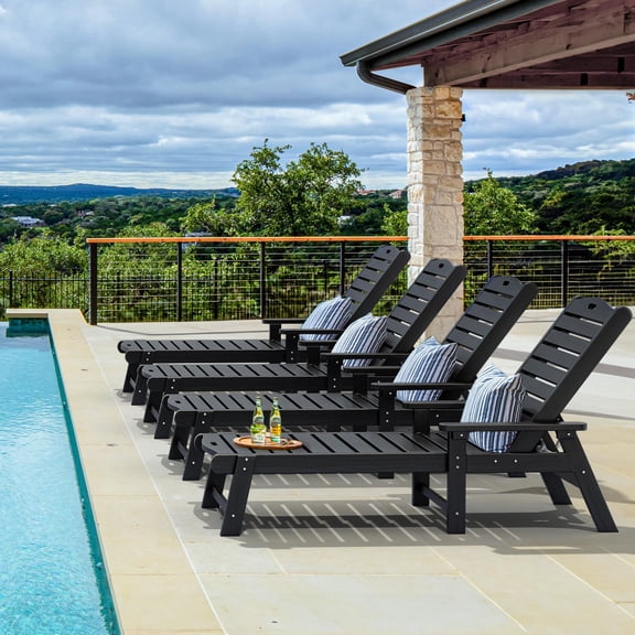 Dextrus Outdoor Chaise Lounge Chair Set of 4 with Adjustable Backrest, Heavy Duty Resin Patio Lounger with Wide Armrest and 350lbs Capacity for Outside Poolside Beach Backyard, Waterproof, Black