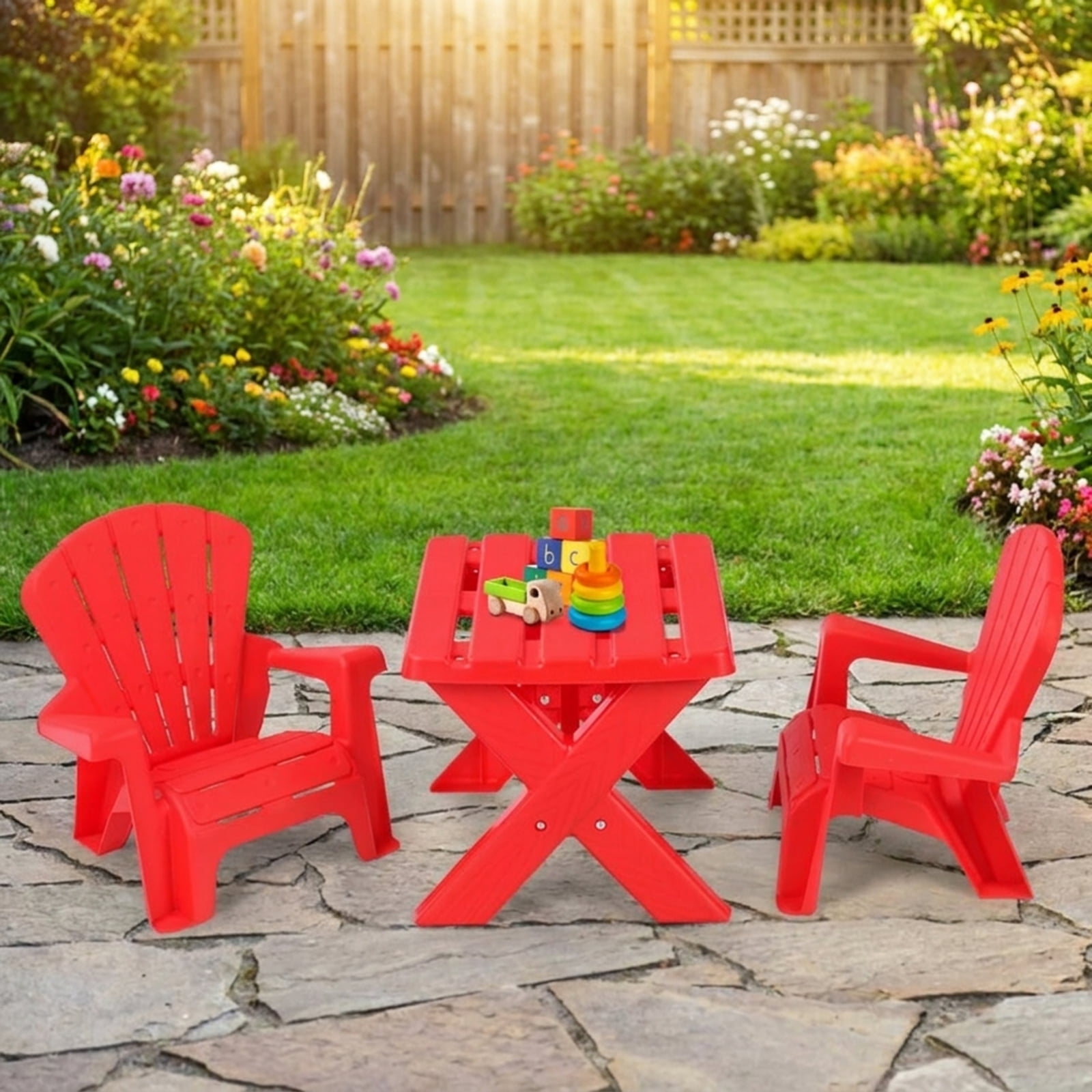 Furnibear 3-Piece Plastic Kids Table and Chair Set with Durable PP Build for Playroom and Outdoor Childrens Activity Table with 2 Chairs, Red