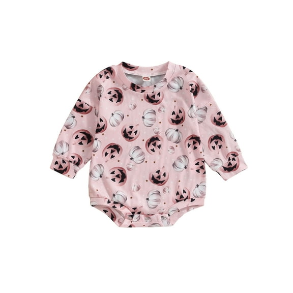 Wassery Newborn Baby Girls Halloween Outfit Long Sleeve Off-shoulder Ribbed Bodysuits Pumpkin Print Romper 3 6 12 18 24 Months Infant Halloween Clothes Costume 0-24M