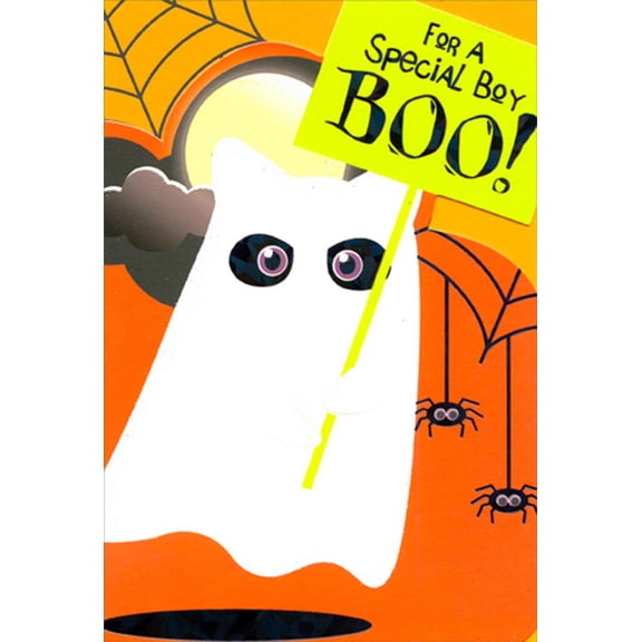 Pictura Ghost Cat Holding Green Sign Die Cut Juvenile Halloween Card for Special Boy