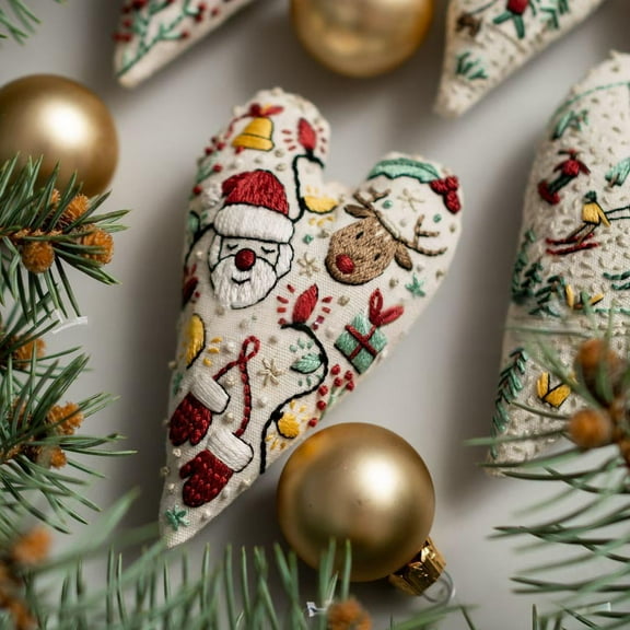 Heart Shaped Christmas Embroidery Kit for Beginners, Hand Embroidery Christ Ornament with Hoop, Thread, Needle & Instructions