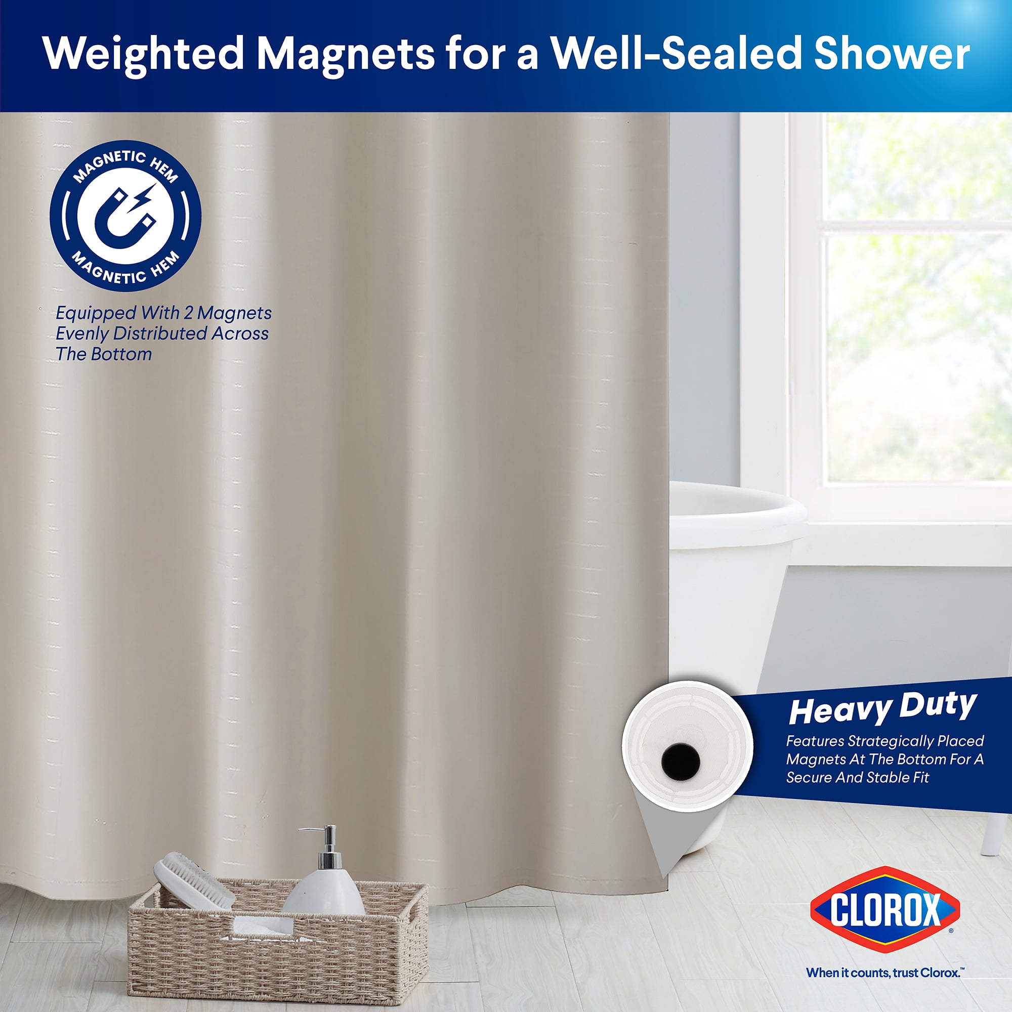 Clorox 100% Polyester Shower Curtain Set with Waterproof PEVA Liner and 12 Metal Hooks (Tan)
