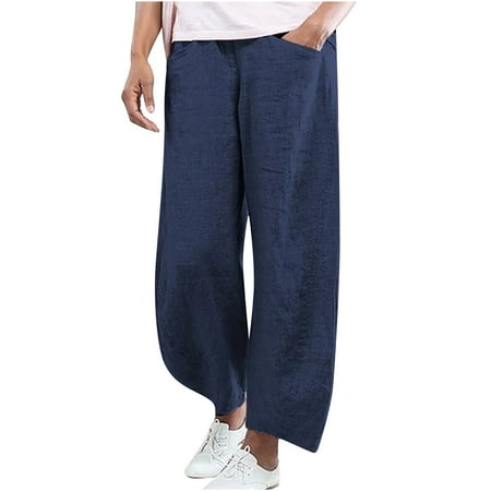Tuphregyow Women s Cotton Linen Loose Pants Clearance Mid Waist Loose Trousers Solid Trendy Leisure Wide Leg with Pockets Pants Outdoor Fitting New Style Blue XL