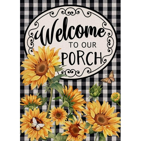 Rdsfhsp Welcome to Our Porch Buffalo Plaid Sunflower Garden Flag for Yard Lawn Decoration 12" x 18"