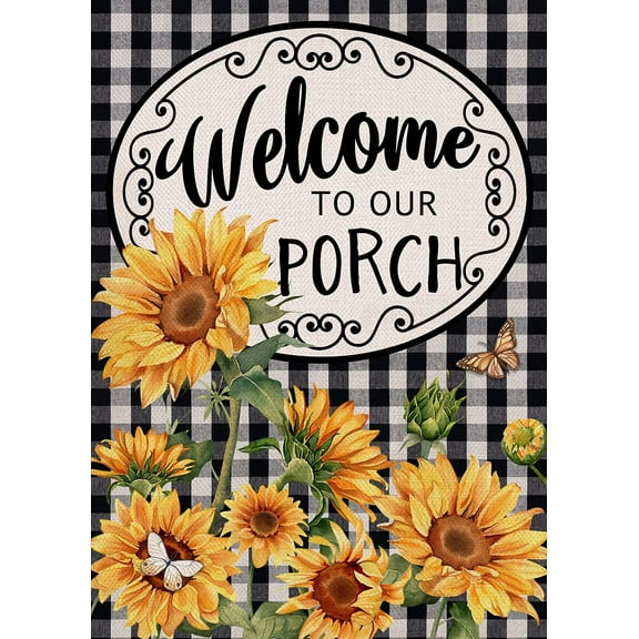 Rdsfhsp Welcome to Our Porch Buffalo Plaid Sunflower Garden Flag for Yard Lawn Decoration 12" x 18"