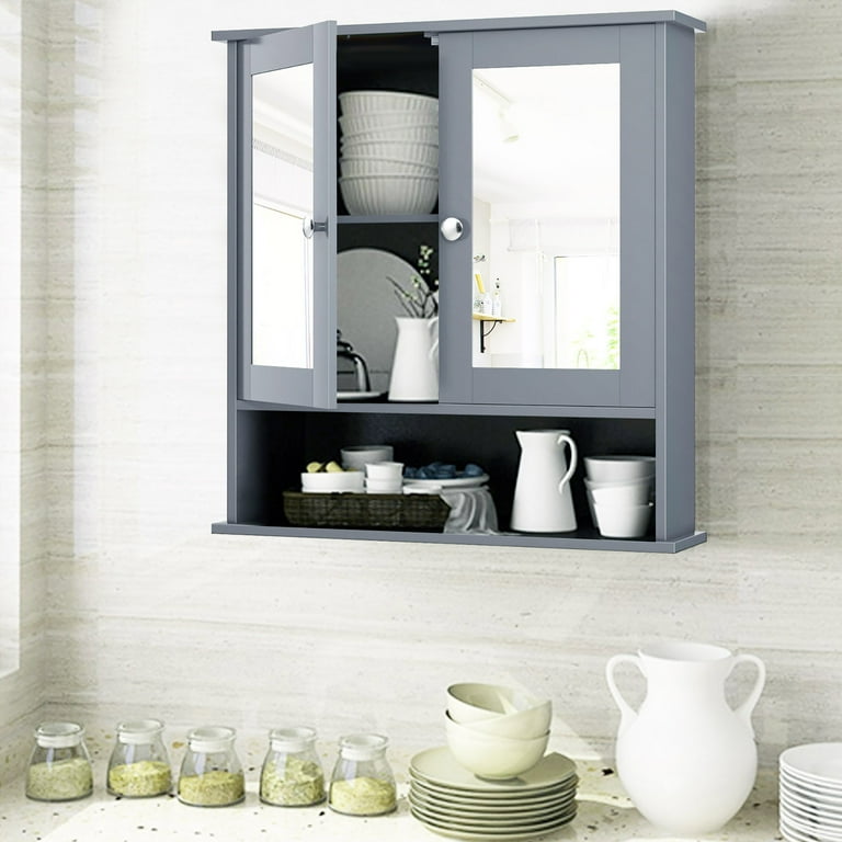 Costway Wall Mount Bathroom with Storage Mirror Cabinet, Grey 