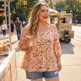 thumbnail image 2 of Blusas de mujer de talla grande Agnes Orinda, tops tipo babydoll con escote en V, mangas de linterna 3/4, camisetas florales, blusas peplum 3X en rosa oscuro, 2 of 8