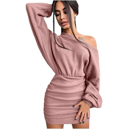 

Sexy Fall Dresses for Women 2022 Corset Dress for Women Women s Long Sleeved V-neck Knitting Bag Hip Hole Strip Dress Long Sleeved V-neck Dress Long Sleeve Dress for Women Pink M