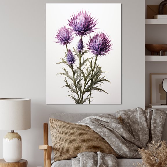 Designart "Rustic Thistle in Purple and White" Floral Canvas Wall Art - Traditional White Thistle Bedroom Canvas Wall Art