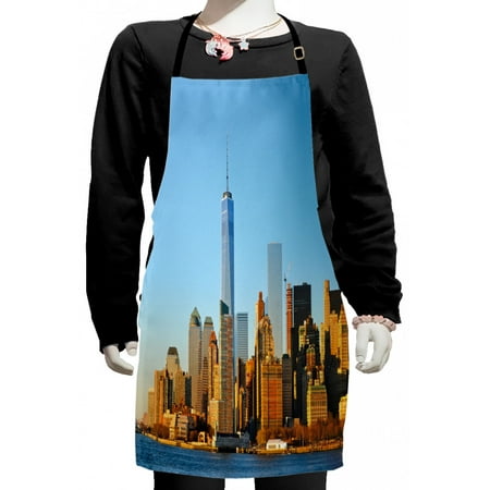 

Landscape Kids Apron New York City Skyline USA Landmark Buildings Skyscrapers Modern Urban Life Boys Girls Apron Bib with Adjustable Ties for Cooking Baking Painting Pale Blue Orange by Ambesonne