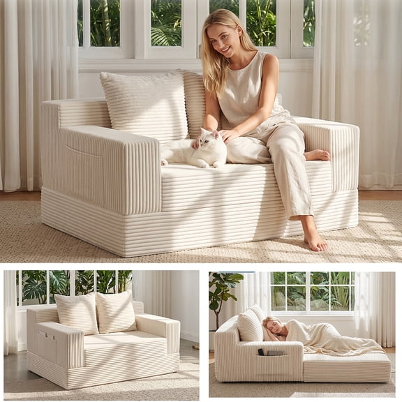 54" Convertible Sofa Bed, Loveseat Folding Floor Futon Sleeper Sofa- Boneless Foldable Couch, Corduroy, Beige