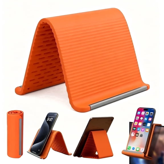 Universal Flexible Silicone & Aluminum Phone Stand, Bendable Rollable Foldable Design, Wrap Around Mount Holder for Laptop, Desk, Bed and Travel, Orange, 4x7.8in