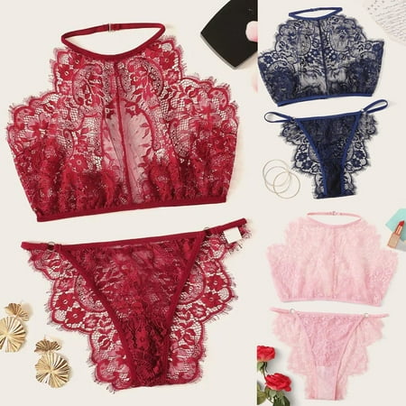 

Rong Yun Fashion Women Sexy Lace Halter Backless Bra Thong Sleepwear Lingerie Set S-2XL(Buy 2 Get 1 Free)