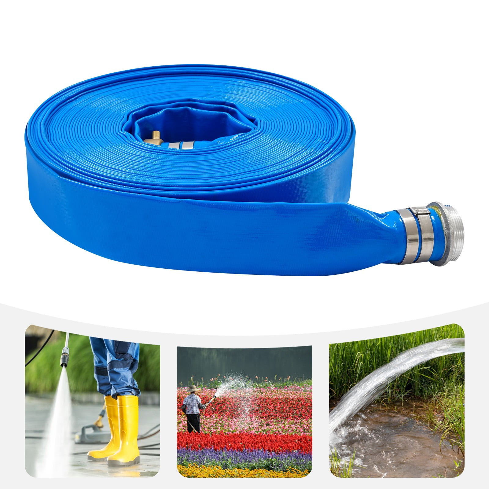 Blue Heavy Duty Water Discharge Hose, Polyester Fibre & PVC Material, 90PSI Working Pressure, 2 Inch Inner Diameter 100FT Flexible Irrigation Pipe
