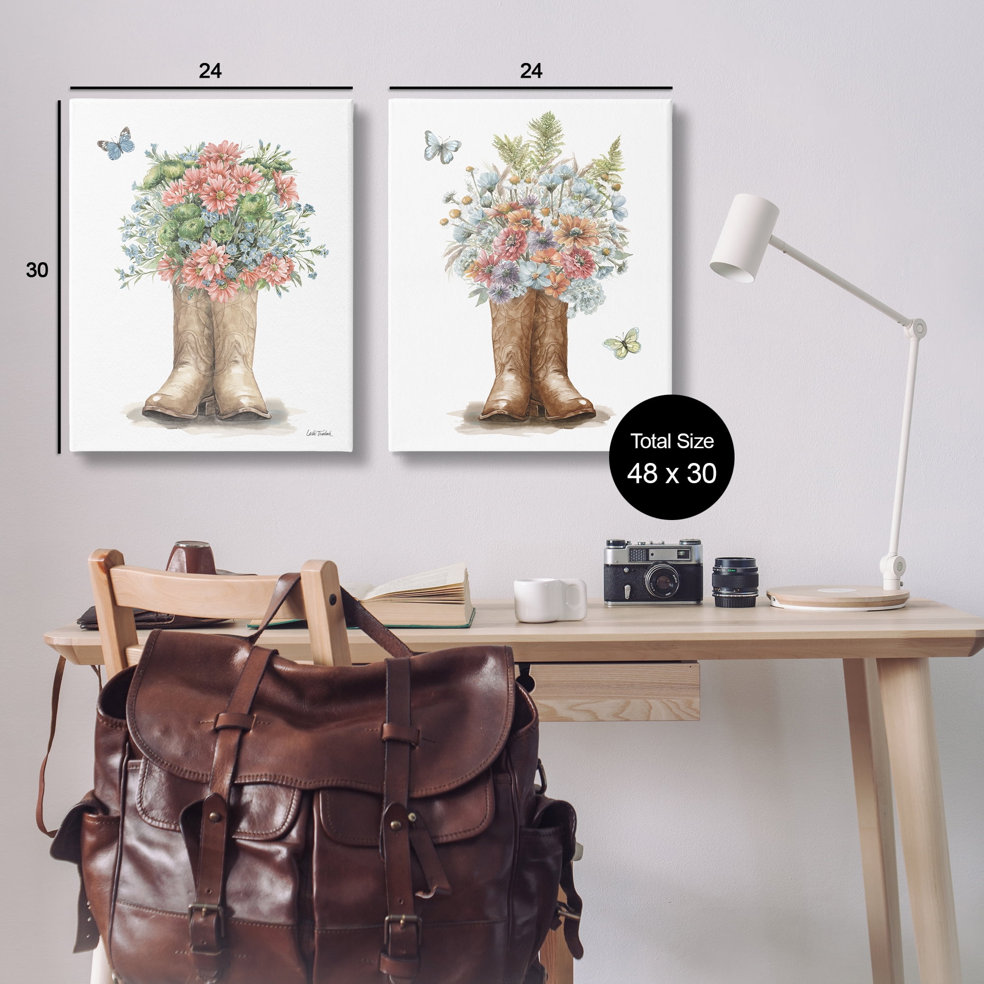 Stupell Industries Wildflower Western Boots Butterfly Plants & Flowers Painting Wrapped Canvas Art Print Wall Art, 24 x 30, Set of 2