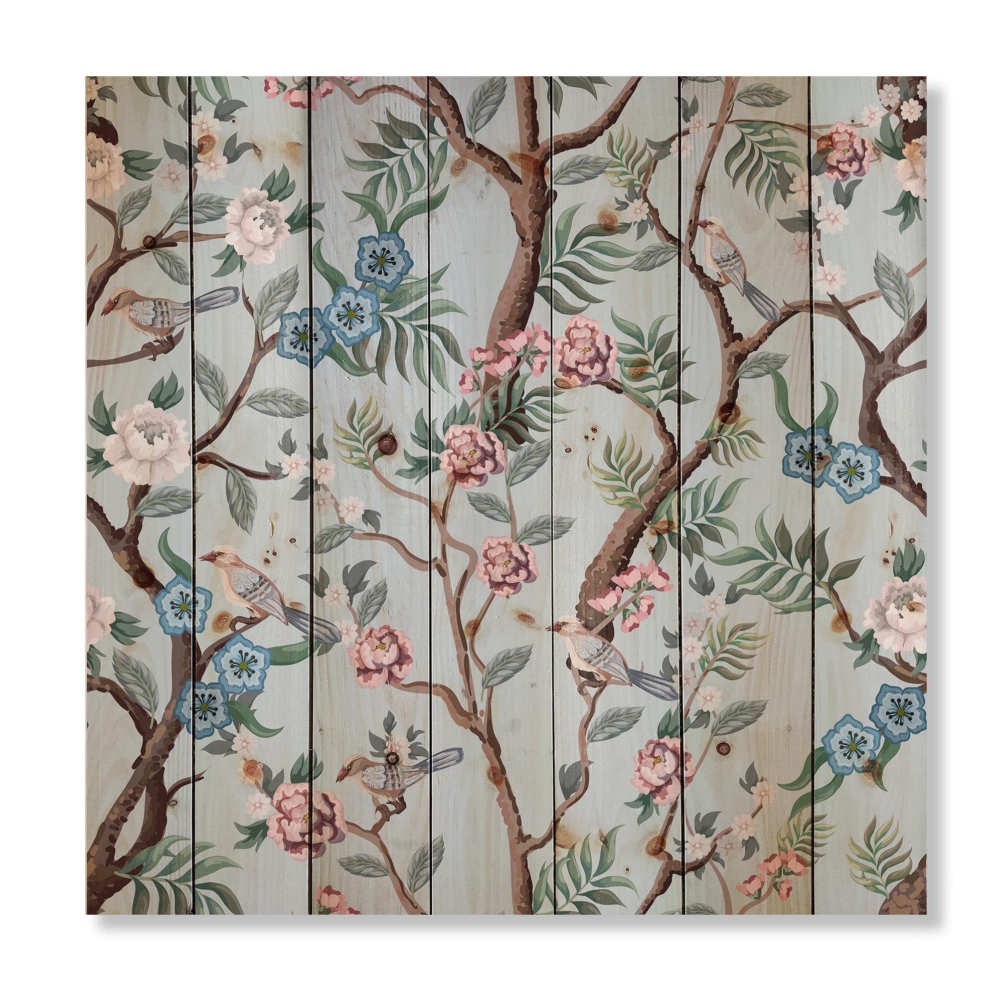 Designart 'Birds and Peonies With Chinoiserie X' Traditional Print on Natural Pine Wood