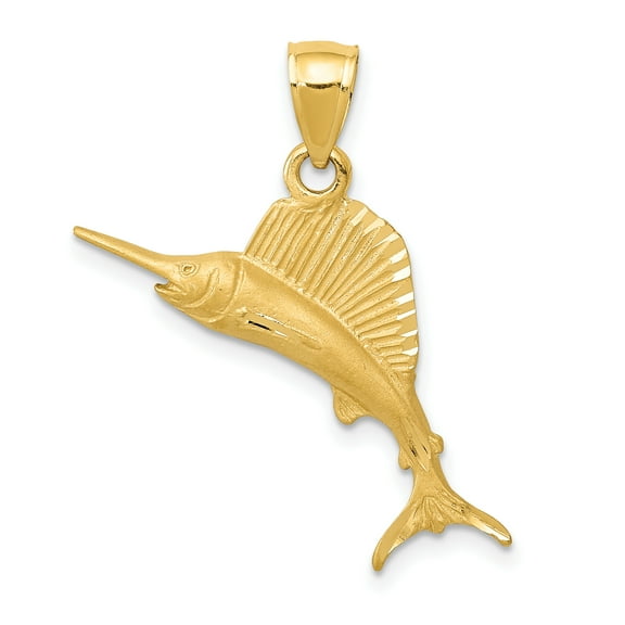 14k Yellow Gold Solid Brushed Diamond Cut Finish Sailfish Charm Pendant