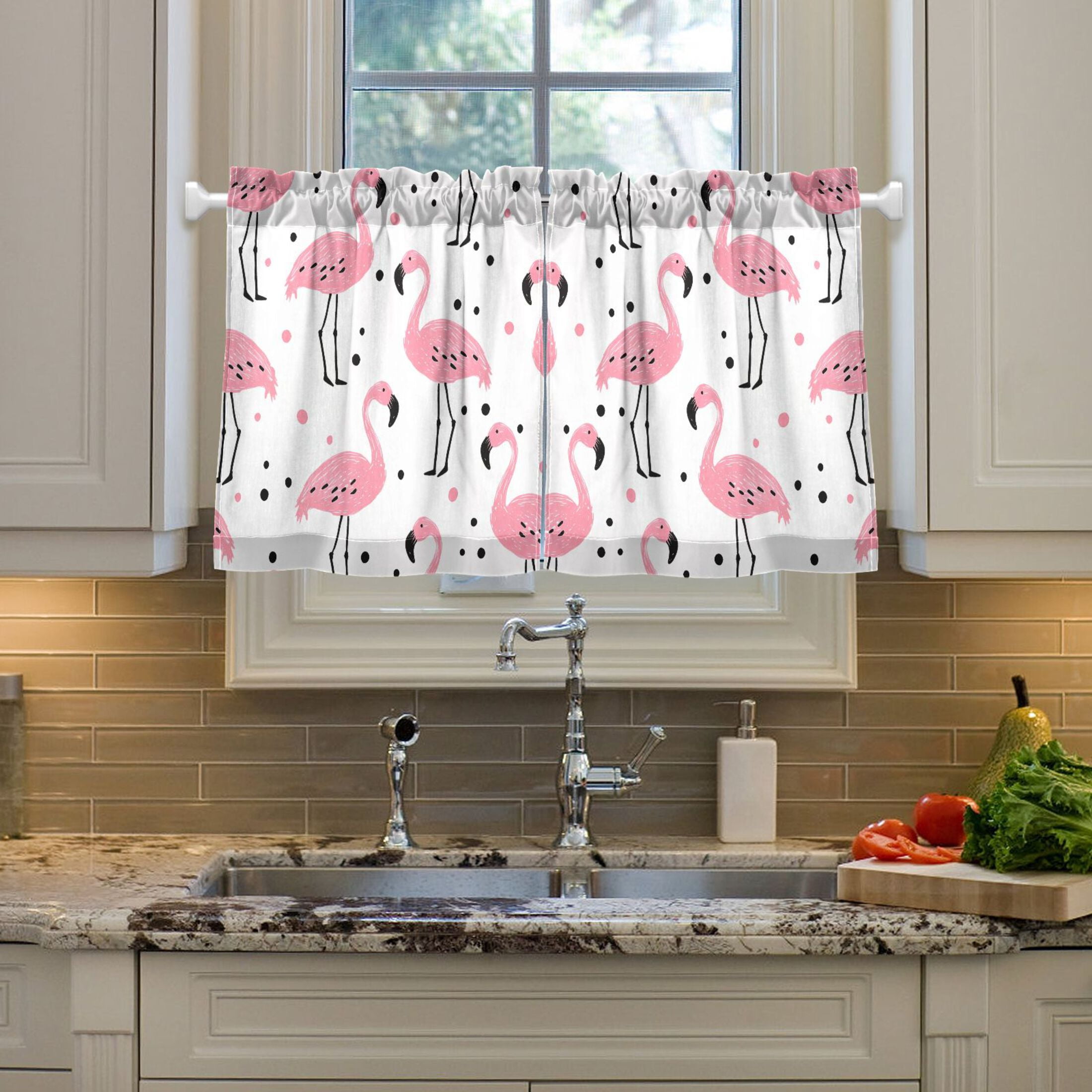 Linen Kitchen Curtains Pink Flamingo Polka Dots Pattern Tier Curtains Tier Kitchen Living Room Bedroom Balcony 2 Panels 27x36 Inch