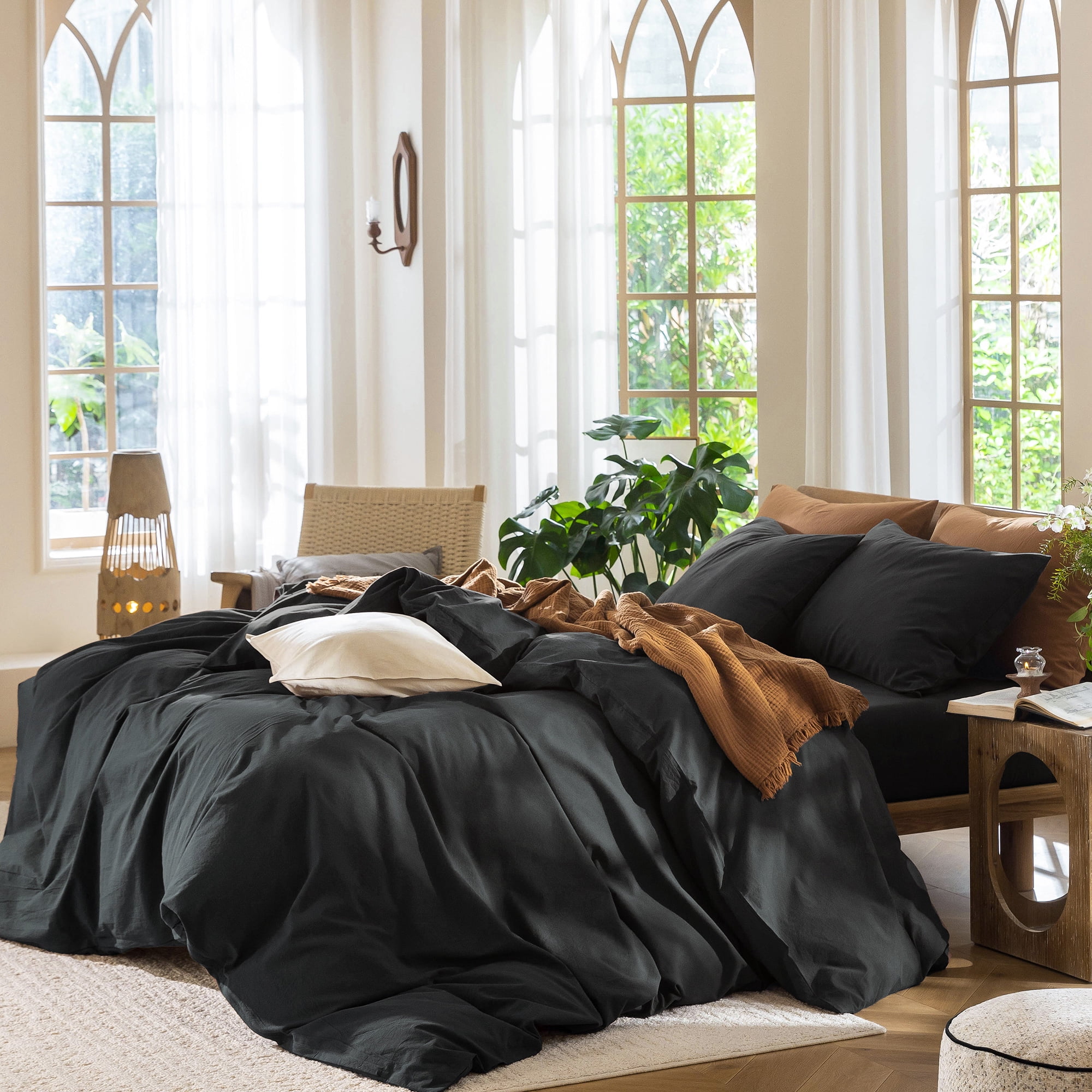 MooMee Duvet Cover Set Full 100% Washed CottonLinen Like Textured Breathable 3-Piece (Black, 80"x90")