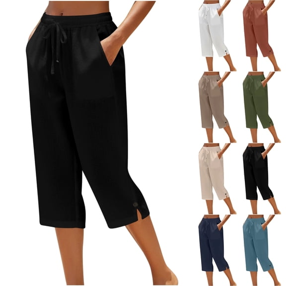 Womens Cotton Linen Capri Pants Elastic Waist Drawstring Cropped Trousers Buttoned Split Hem Loose Fit Daily Wear Casual Pants, #03 Black, XL