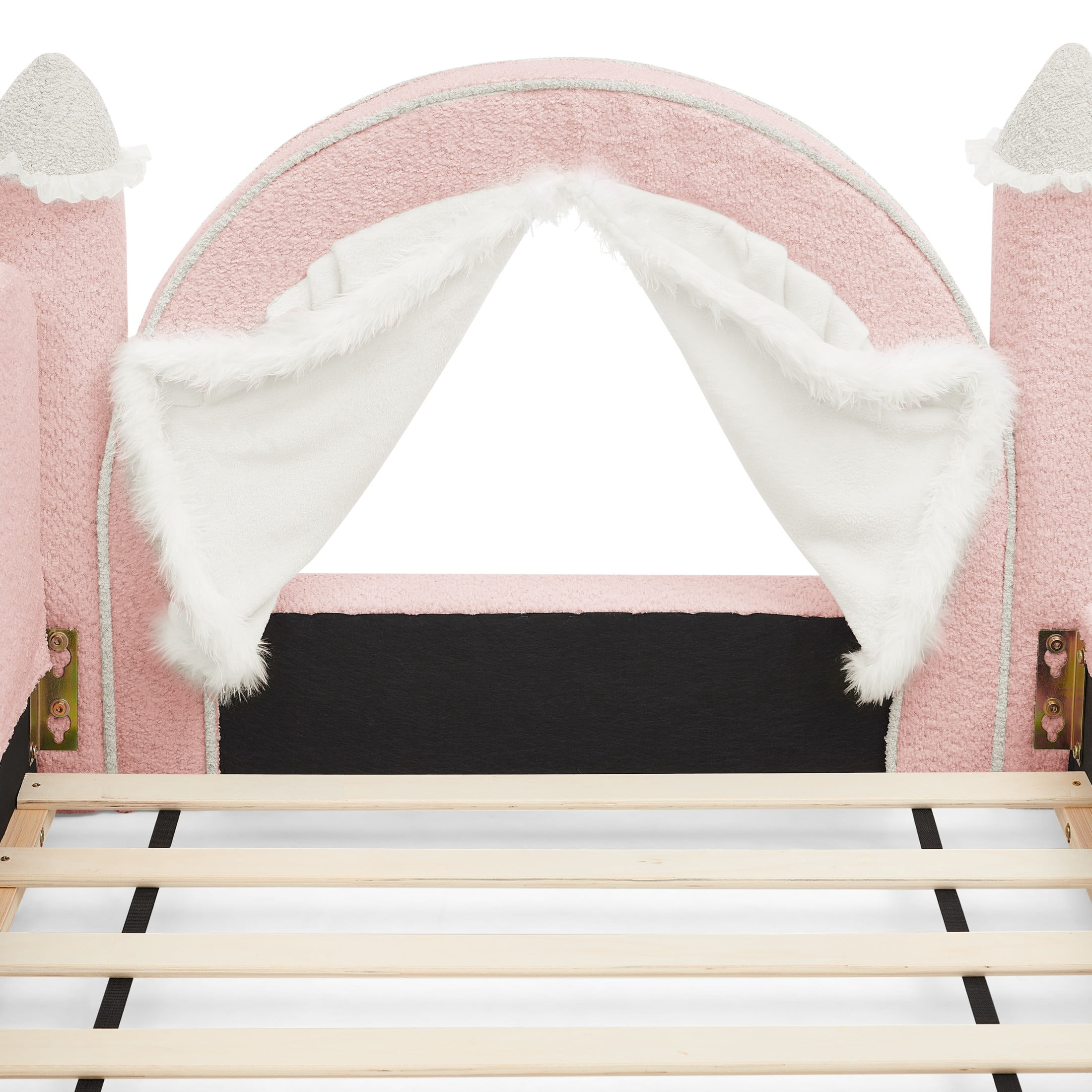 GDF Studio Solley Twin Size Castle Bed with Safety Guardrails, Curtain & Wood Frame, Boucle Upholstered Bed, Pink